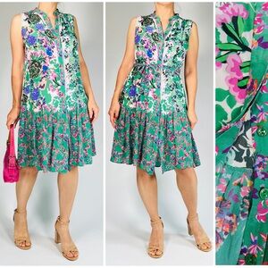 SALONI Womans Dress Multicolor Floral Dress Green 100% Silk Sleeveless Midi